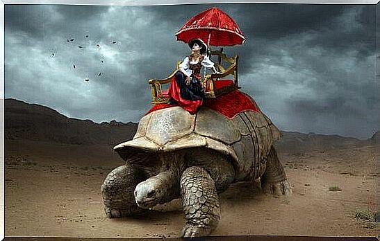 a woman riding in luxury on a giant turtle