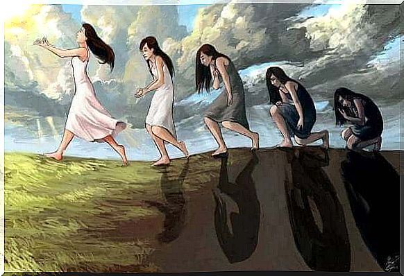 Several ladies follow a path.